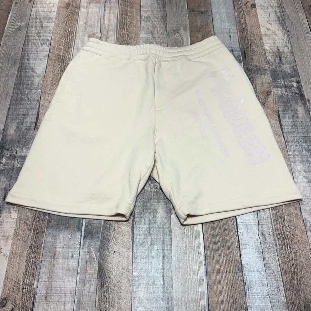 Alexander McQueen Shorts Men Large Cream Logo Sweat Shorts Made in Italy Luxury